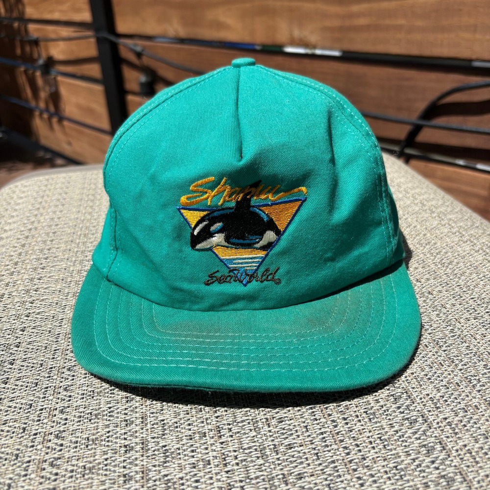 SeaWorld Shamu Snapback Hat Unisex OSFM Teal Green Good Vintage 90s Made in USA